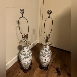 2 Chinoiserie Porcelain Table Lamps Vase Birds Flowers & Butterflies Ginger Jar